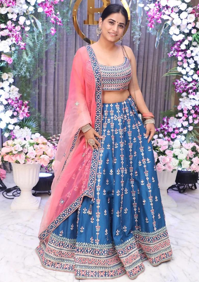 Blue Embroidered Chinon Lehenga Set