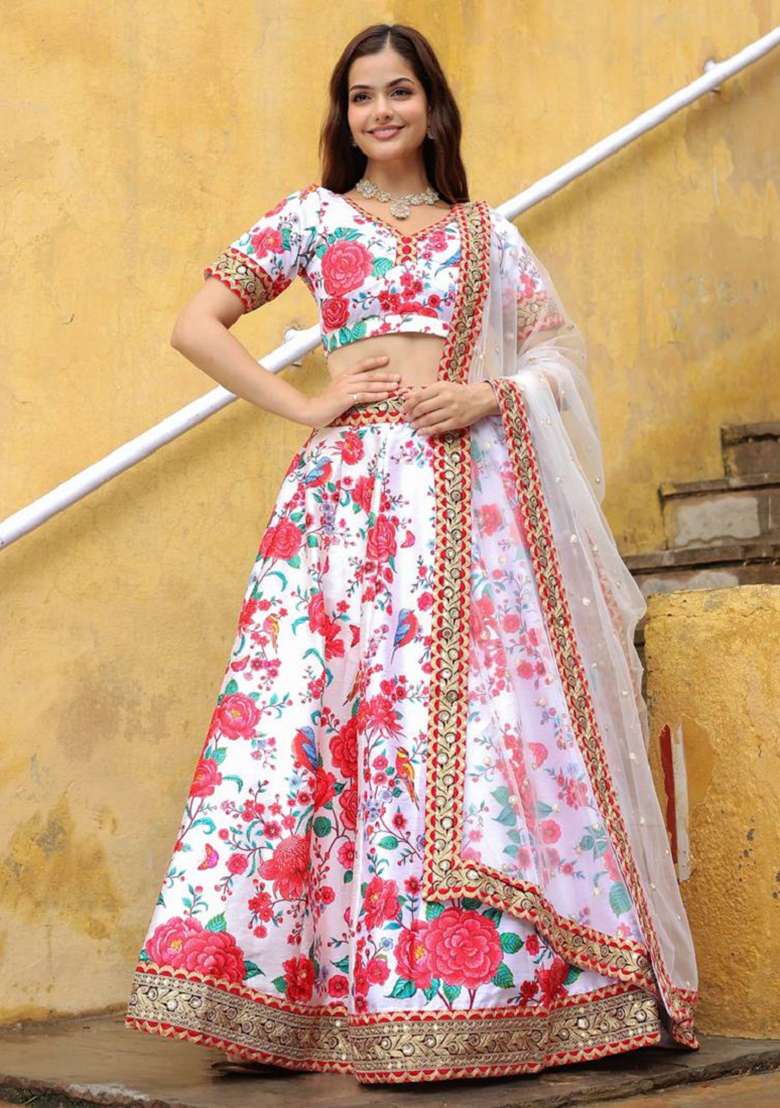 Off White Embroidered Art Silk Blend Lehenga Set for Diwali and Festive Wear - Indya