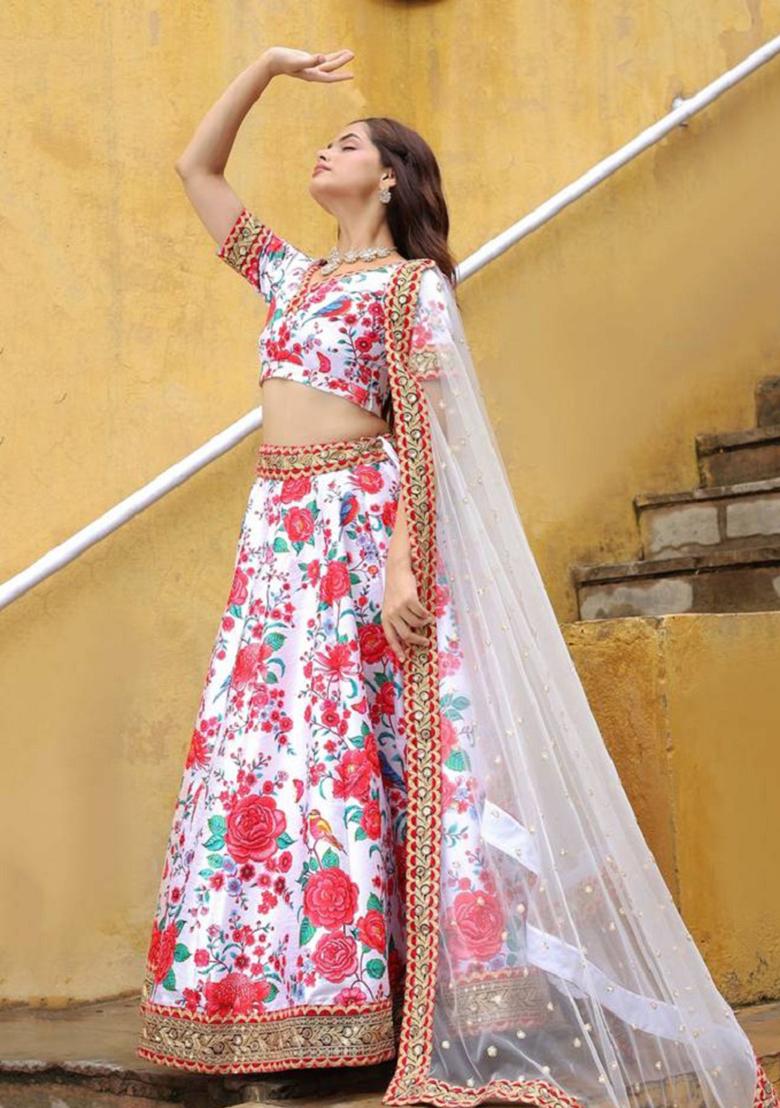 Off White Embroidered Art Silk Lehenga Set