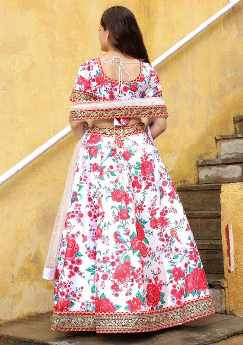Off White Embroidered Art Silk Blend Lehenga Set for Diwali and Festive Wear - Indya