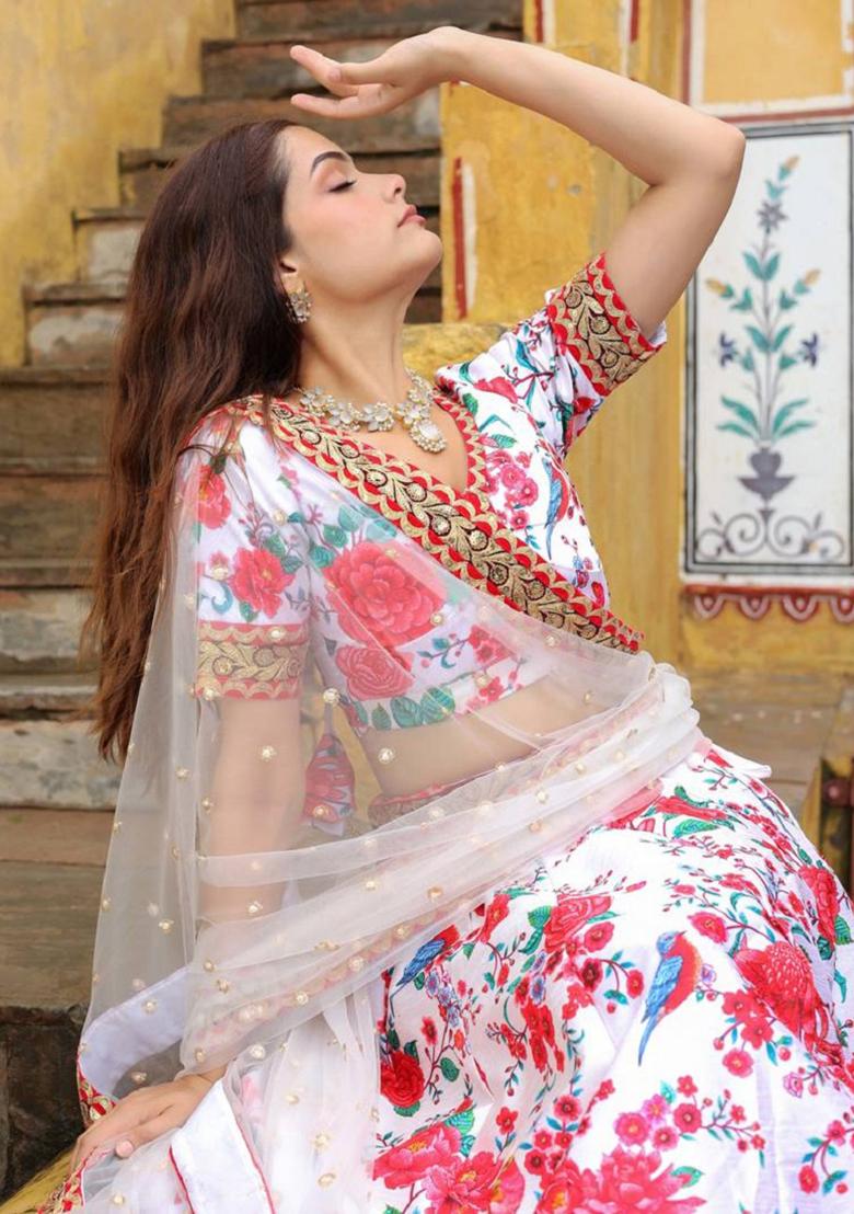 Off White Embroidered Art Silk Lehenga Set