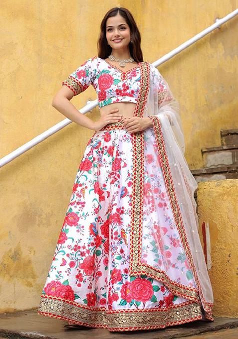 Off White Embroidered Art Silk Lehenga Set