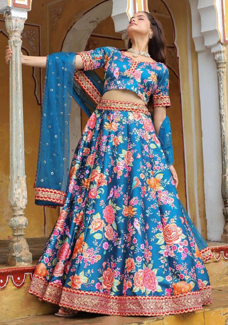 Teal Blue Embroidered Art Silk Lehenga Set - Indya