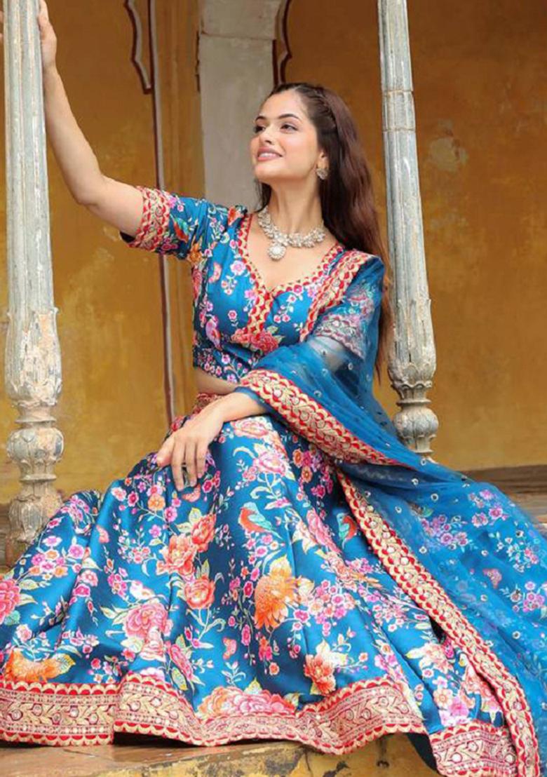 Teal Blue Embroidered Art Silk Lehenga Set