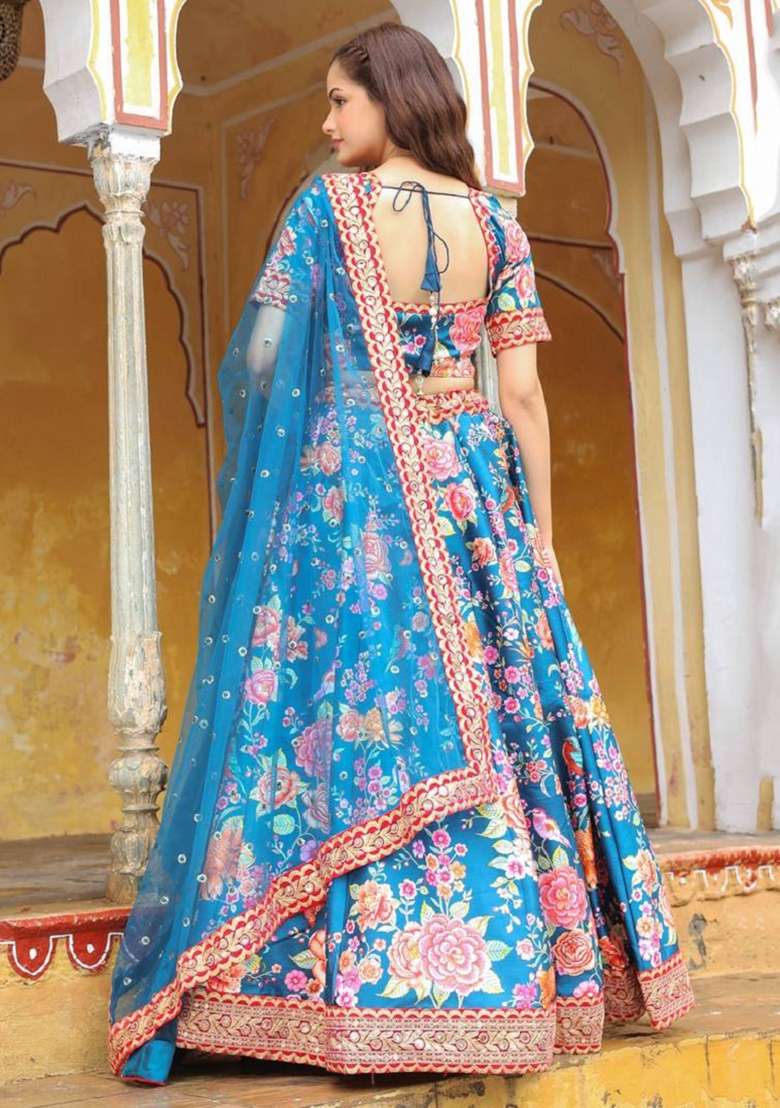 Teal Blue Embroidered Art Silk Lehenga Set - Indya