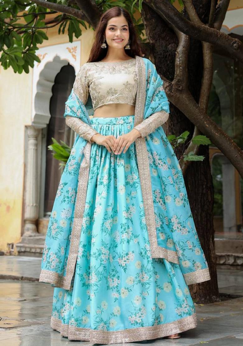 Sky Blue Embroidered Organza Lehenga Set