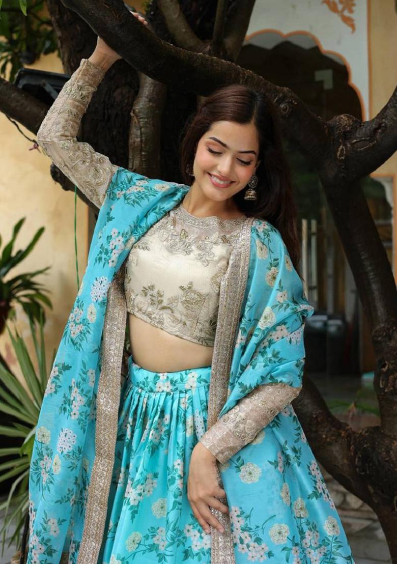 Sky Blue Embroidered Organza Lehenga Set