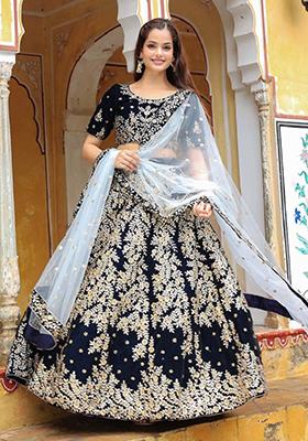 Navy Blue Embroidered Net Lehenga Set