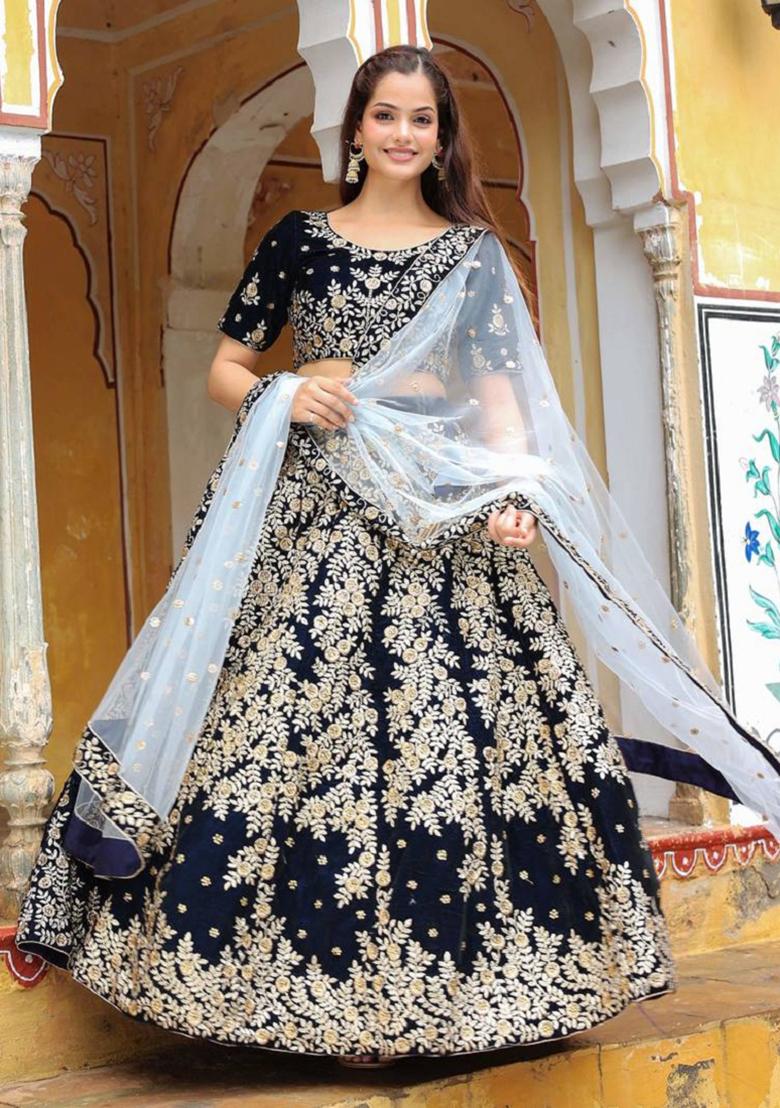 Navy Blue Embroidered Net Lehenga Set
