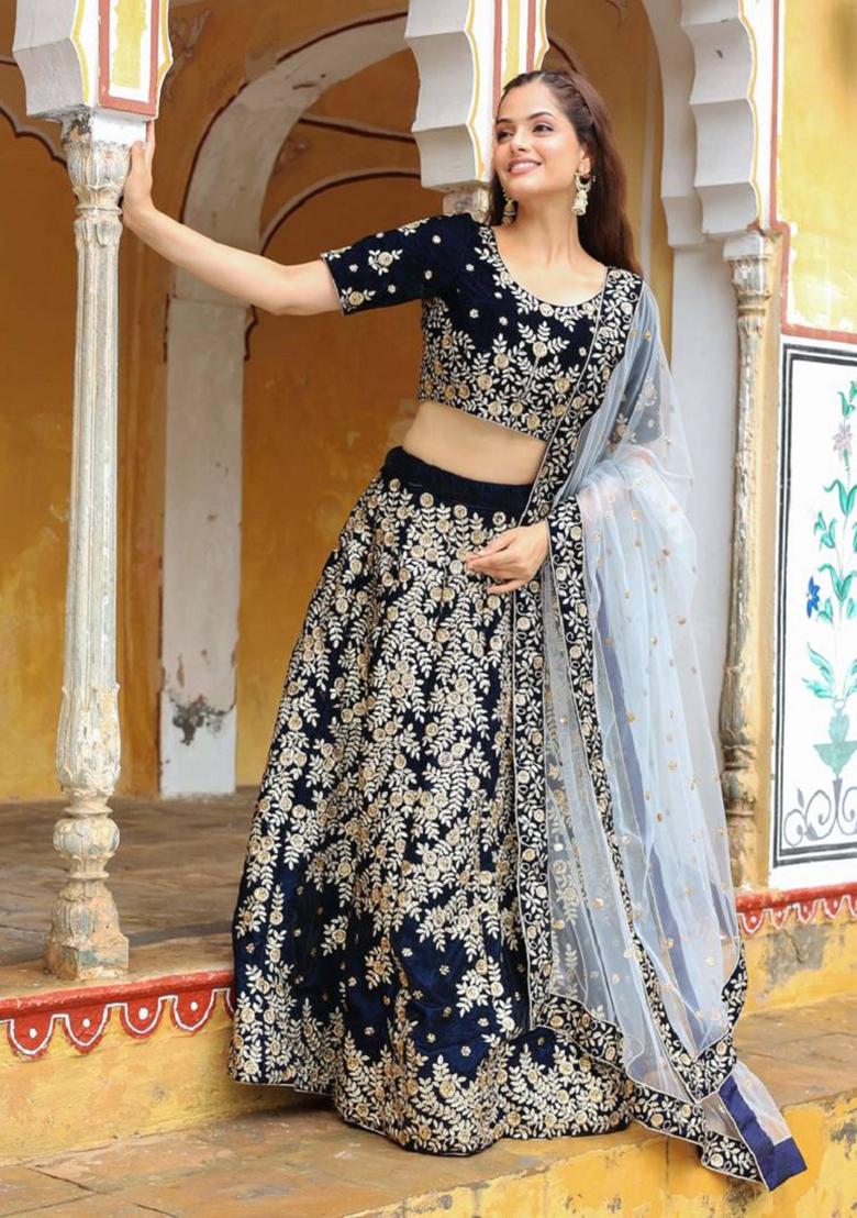 Navy Blue Embroidered Net Lehenga Set