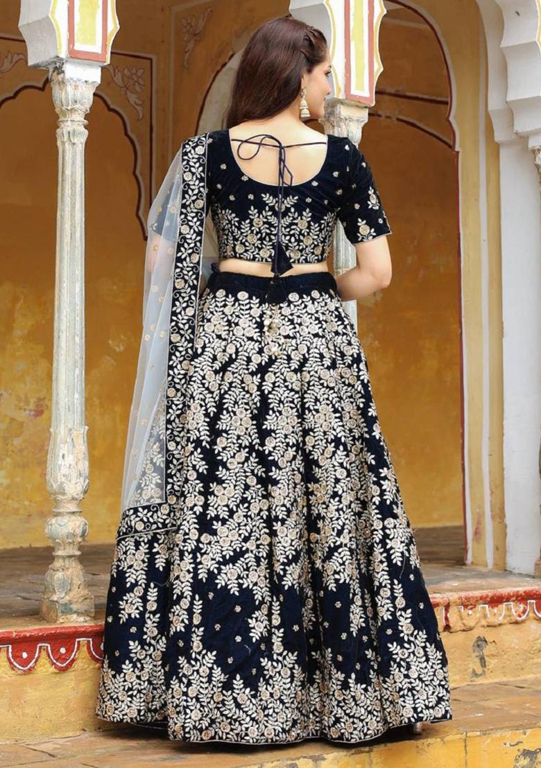 Navy Blue Embroidered Net Lehenga Set