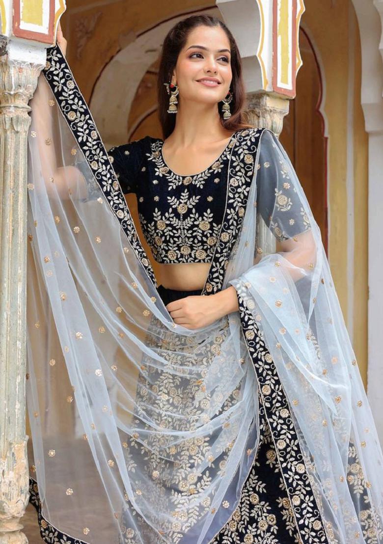 Navy Blue Embroidered Net Lehenga Set