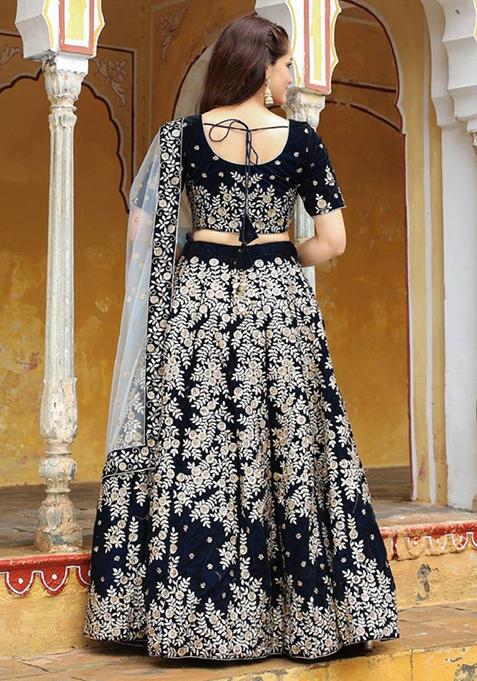Navy Blue Embroidered Net Lehenga Set