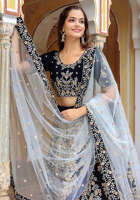 Navy Blue Embroidered Net Lehenga Set