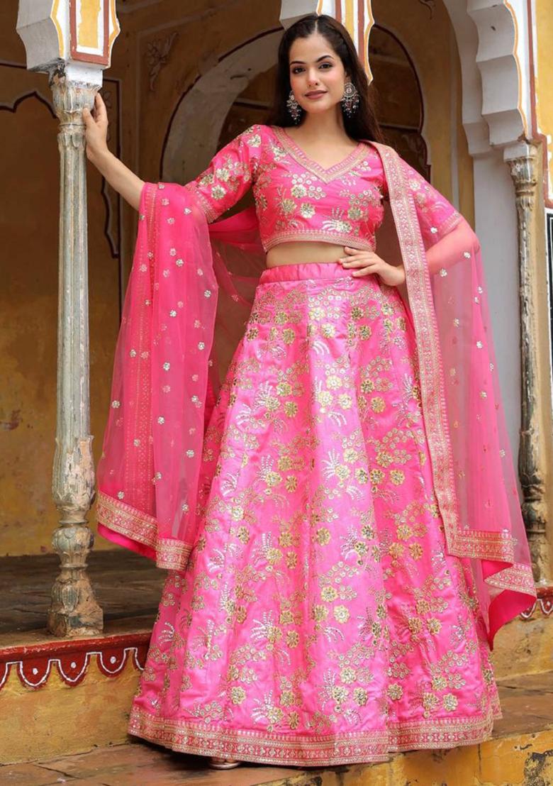 Pink Embroidered Silk Lehenga Set