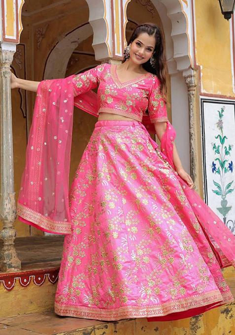 Pink Embroidered Silk Lehenga Set