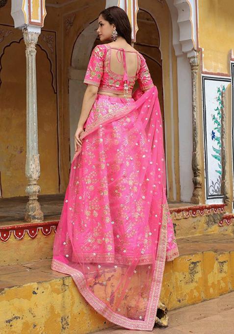 Pink Embroidered Silk Lehenga Set