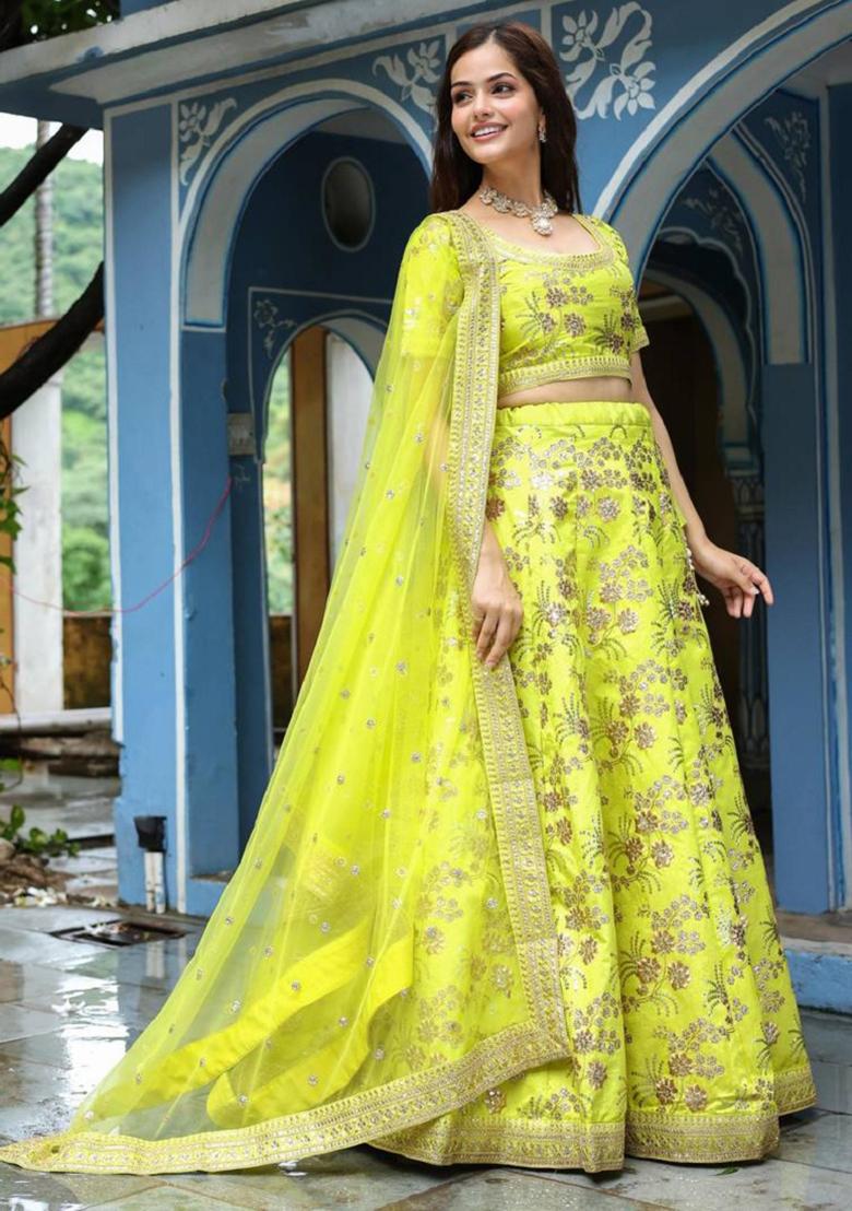 Neon Green Embroidered Silk Lehenga Set