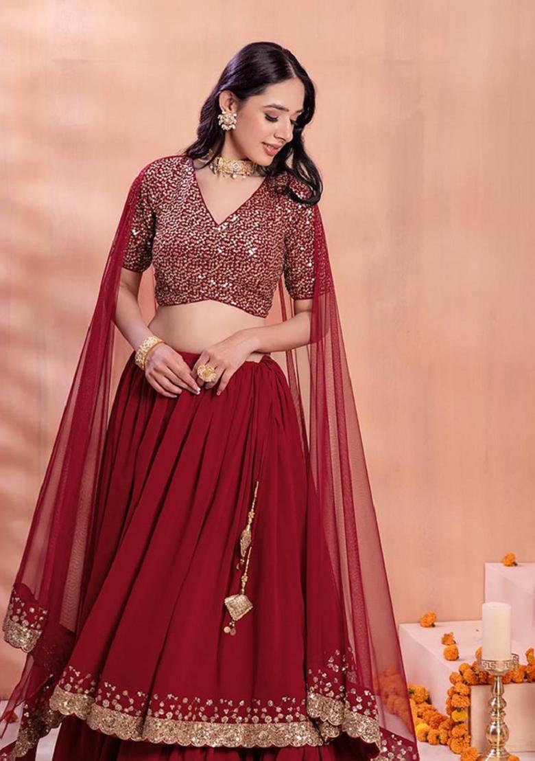 Maroon Embroidered Georgette Lehenga Set