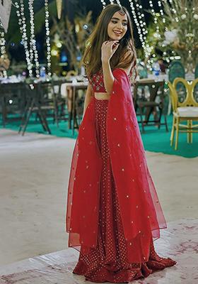 Red Embroidered Georgette Lehenga Set