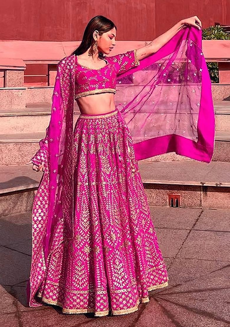 Pink Embroidered Silk Lehenga Set