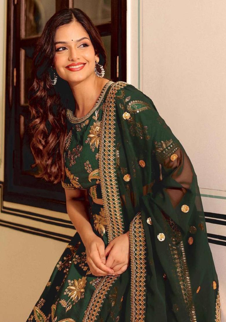 Green Embroidered Art Silk Lehenga Set