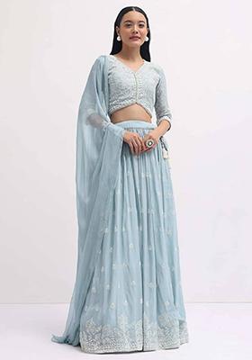 Sky Blue Embroidered Georgette Lehenga Set