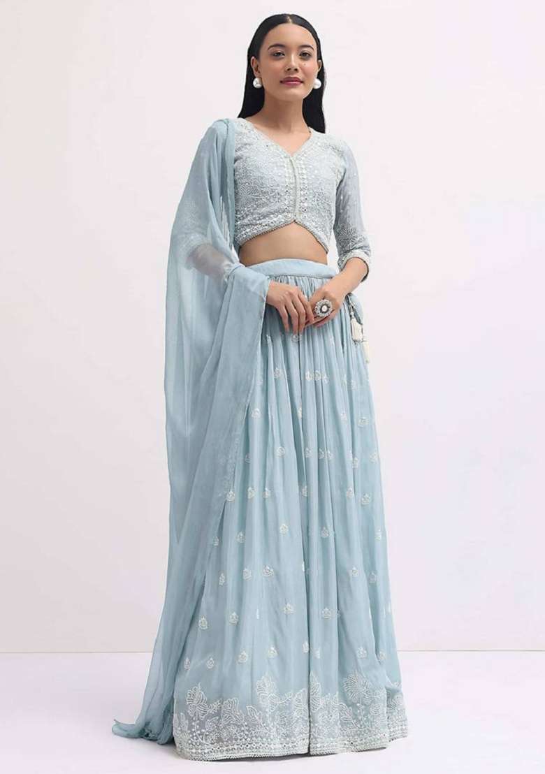 Sky Blue Embroidered Georgette Lehenga Set for Diwali and Festive Wear - Indya