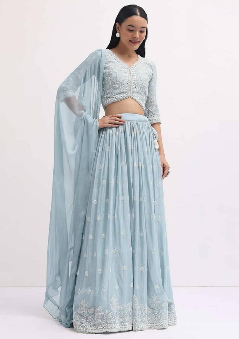 Sky Blue Embroidered Georgette Lehenga Set