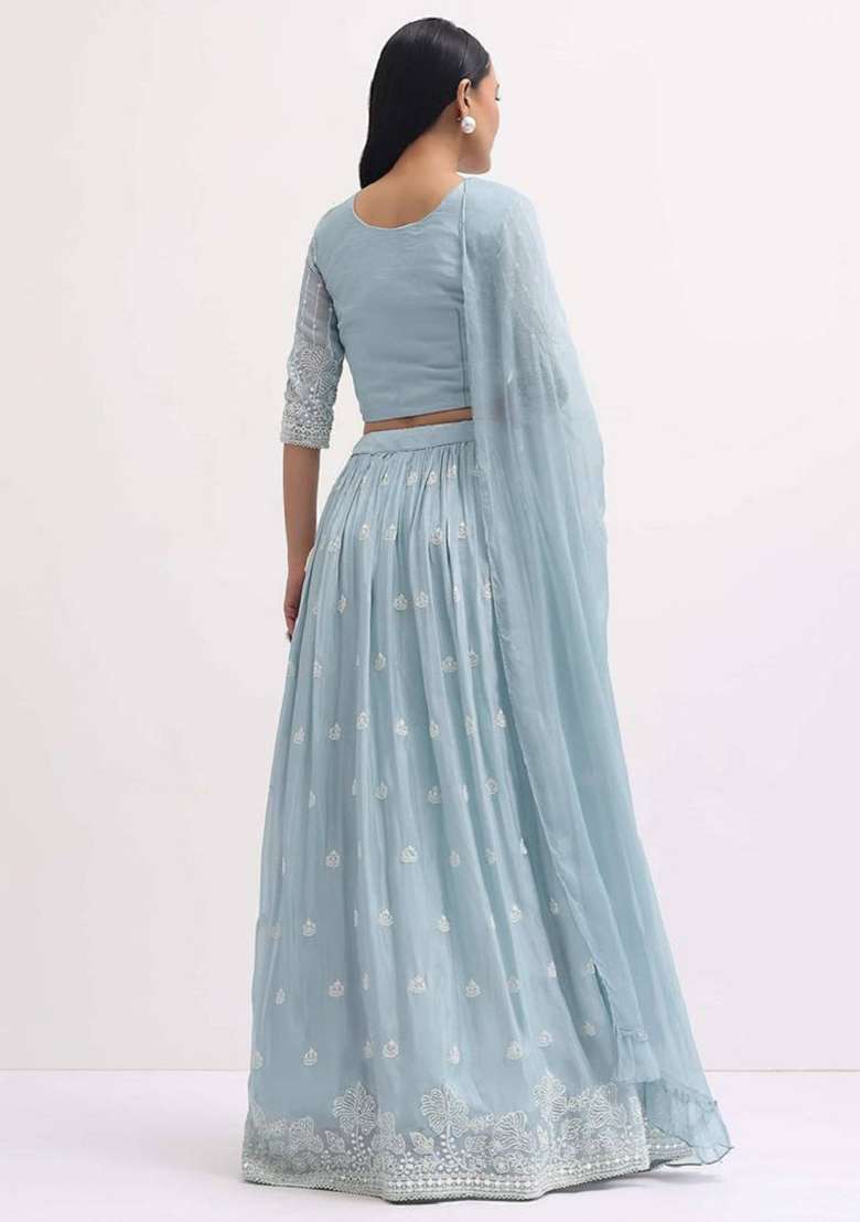 Sky Blue Embroidered Georgette Lehenga Set for Diwali and Festive Wear - Indya
