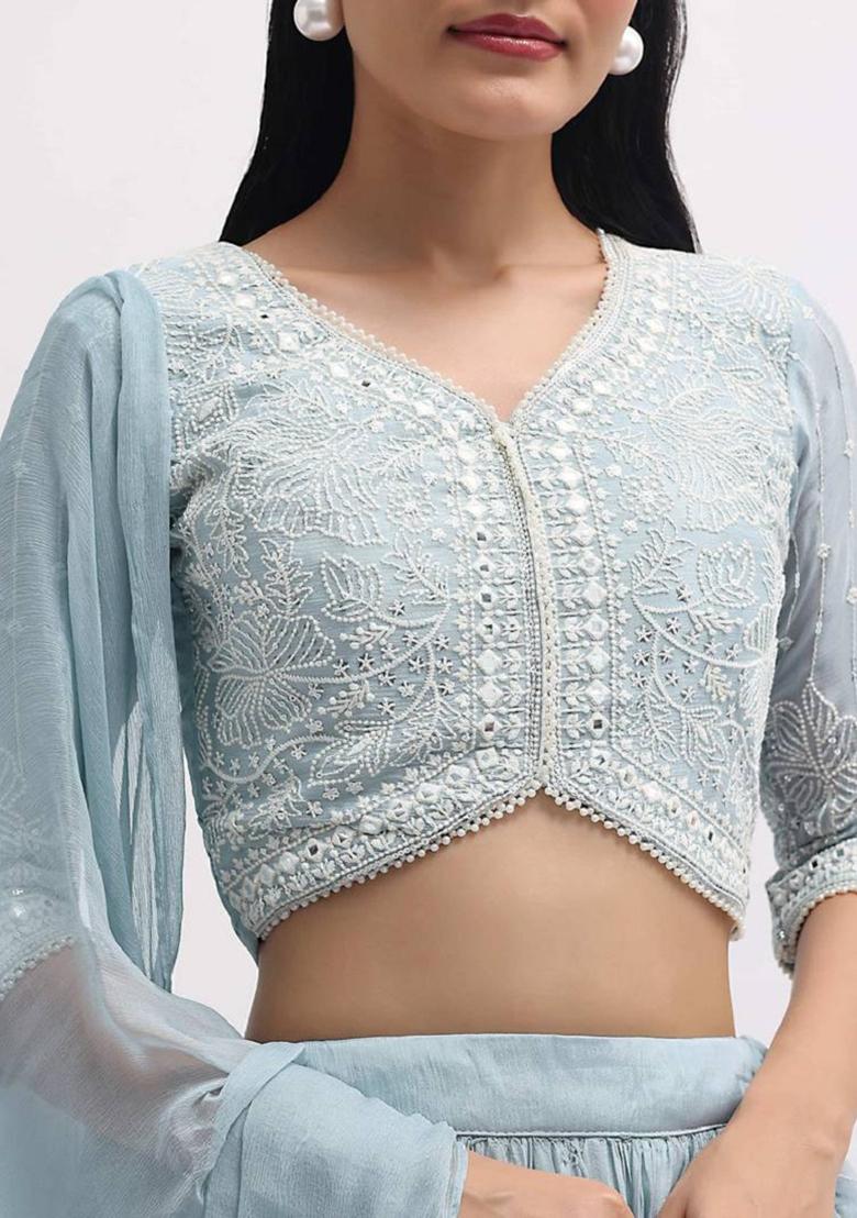 Sky Blue Embroidered Georgette Lehenga Set