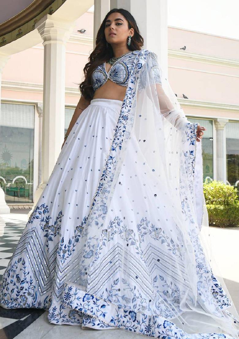 White Embroidered Net Lehenga Set