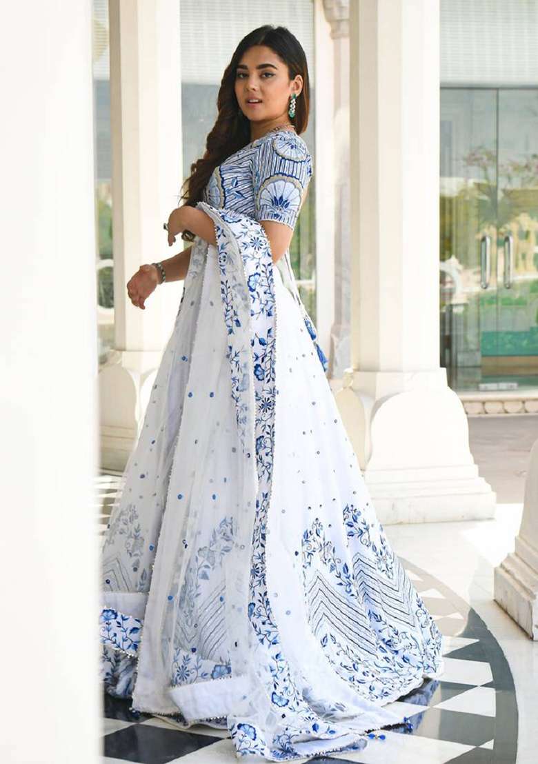 White Net Lehenga Set with Embroidered for Diwali | Wedding & Festive Wear - Indya