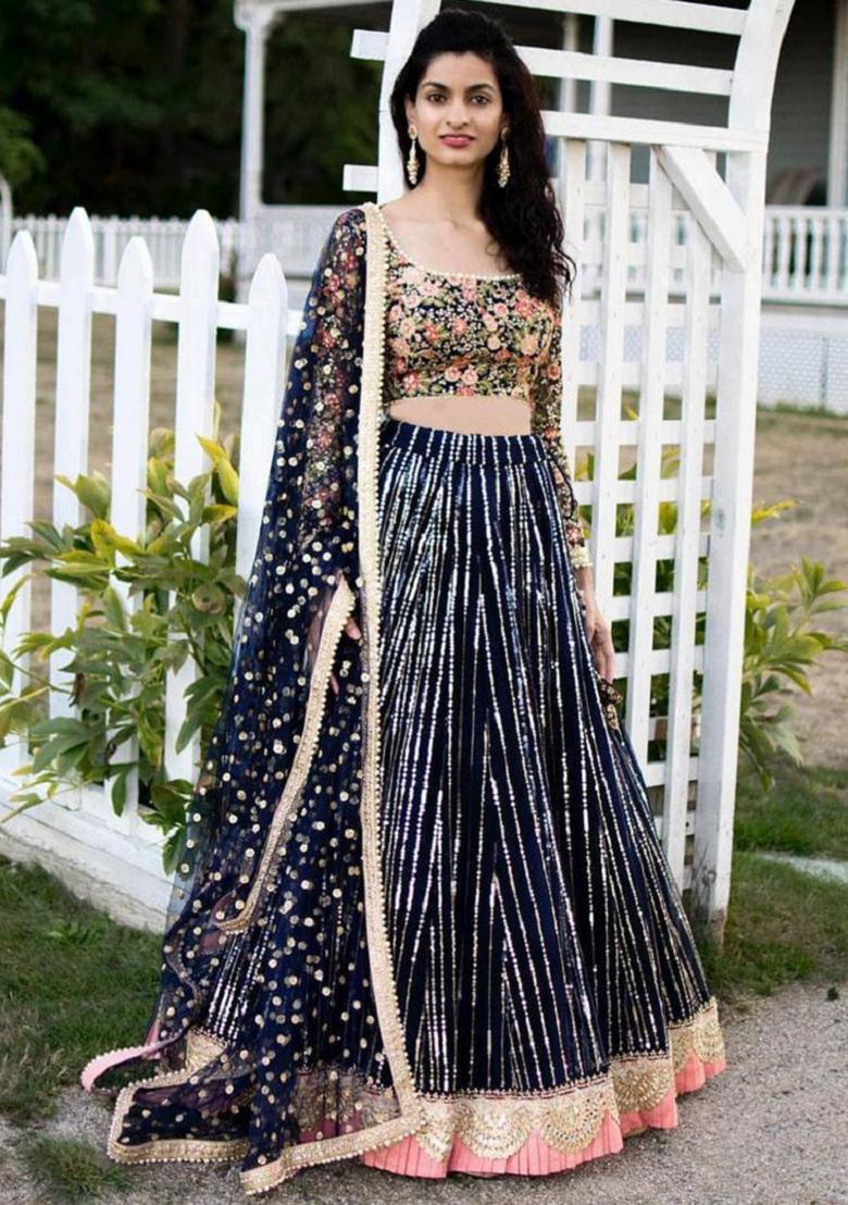 Blue Embroidered Net Lehenga Set