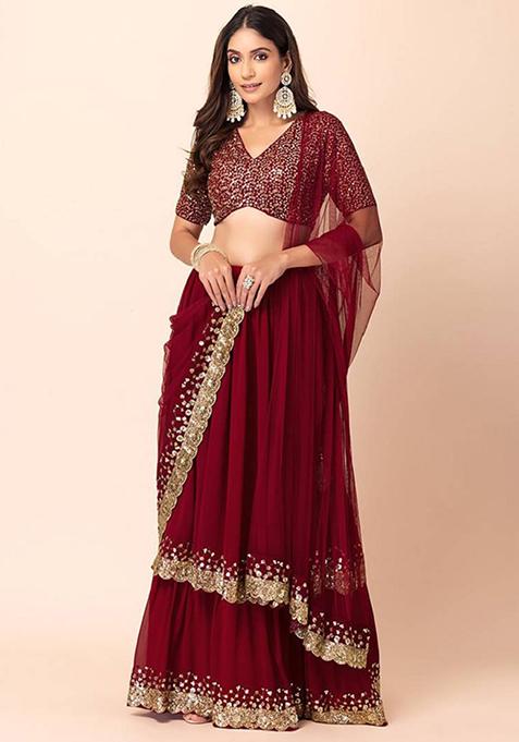 Maroon Embroidered Georgette Lehenga Set