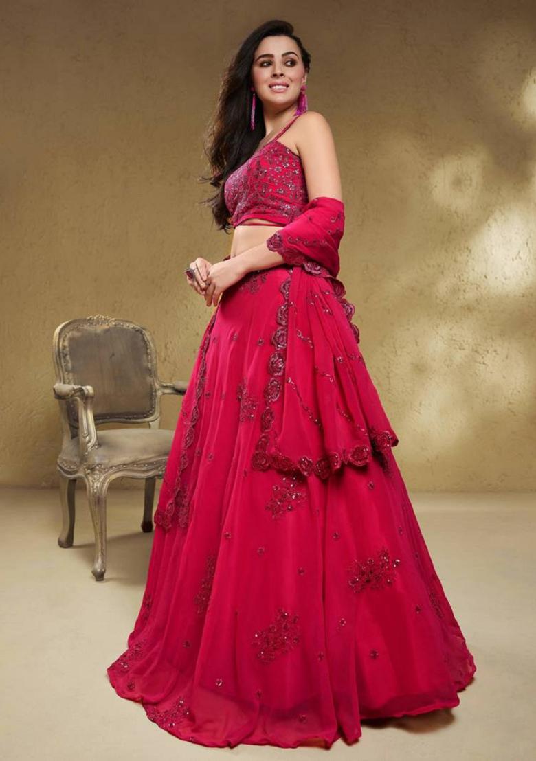 Pink Embroidered Georgette Lehenga Set