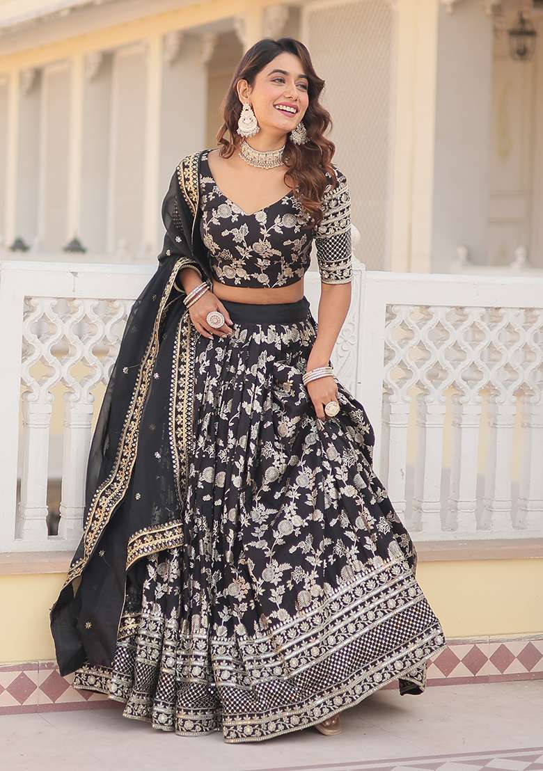 Black Viscose Lehenga Set with Embroidered & Sequin for Diwali | Wedding & Festive Wear - Indya