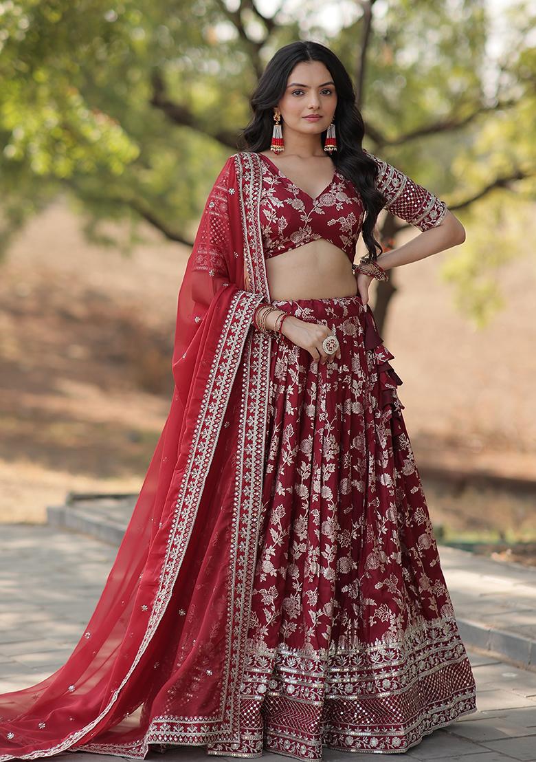 Maroon Sequin Embroidered Viscose Lehenga Set