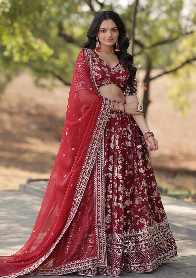Maroon Sequin Embroidered Viscose Lehenga Set