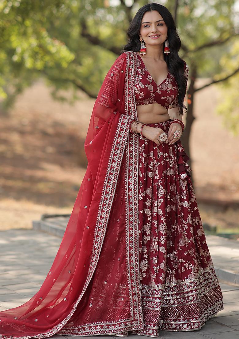 Maroon Sequin Embroidered Viscose Lehenga Set