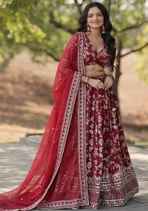 Maroon Sequin Embroidered Viscose Lehenga Set