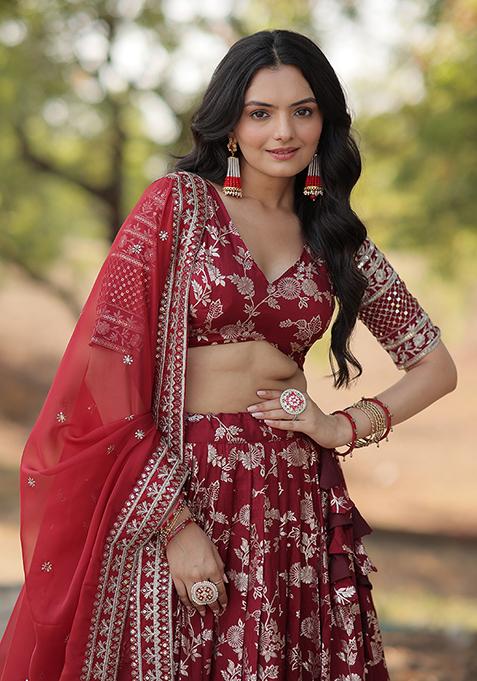 Maroon Sequin Embroidered Viscose Lehenga Set