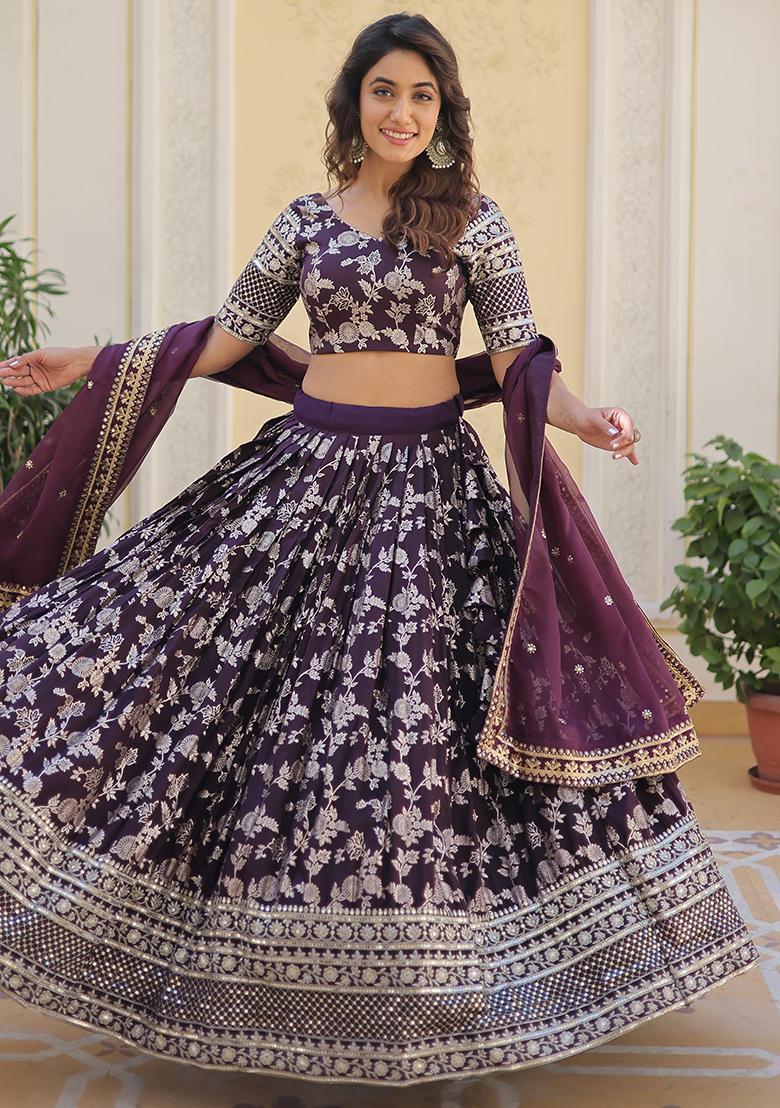 Wine Sequin Embroidered Viscose Lehenga Set