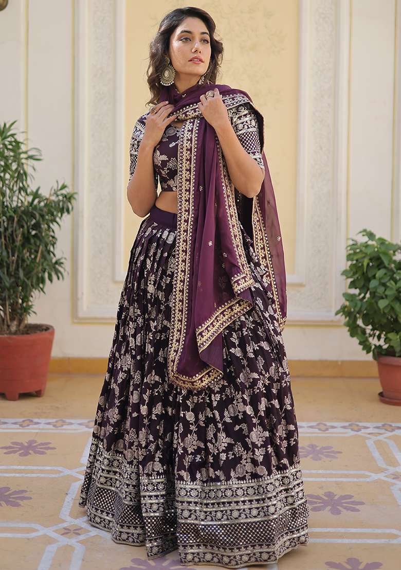 Wine Sequin Embroidered Viscose Lehenga Set for Diwali and Festive Wear - Indya