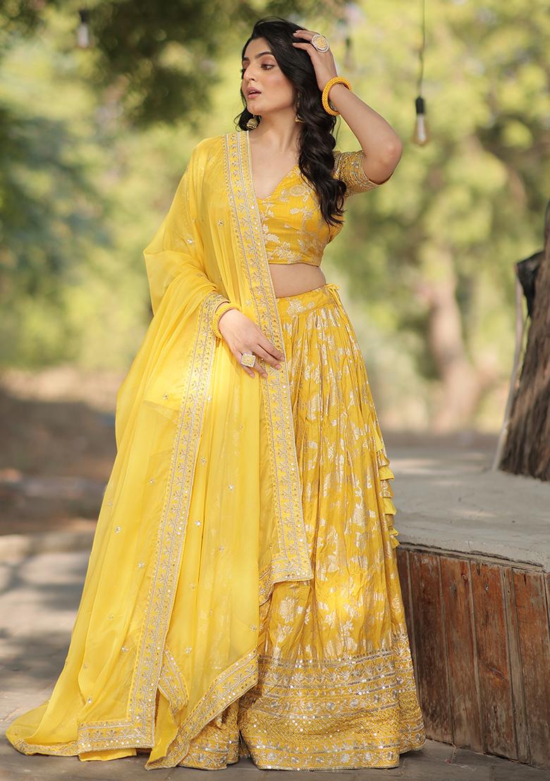 Yellow Sequin Embroidered Faux Blooming Lehenga Set