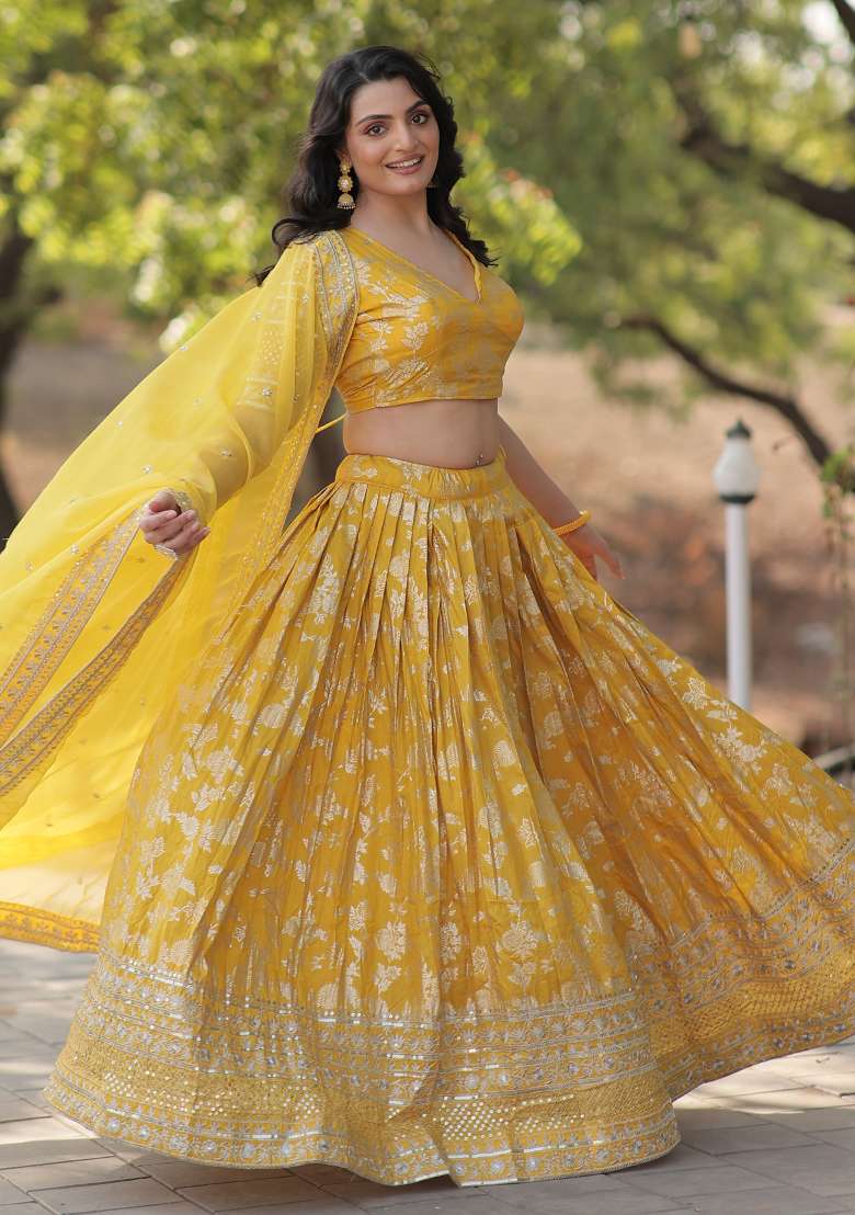 Yellow Faux Blooming Lehenga Set with Embroidered & Sequin for Diwali | Wedding & Festive Wear - Indya