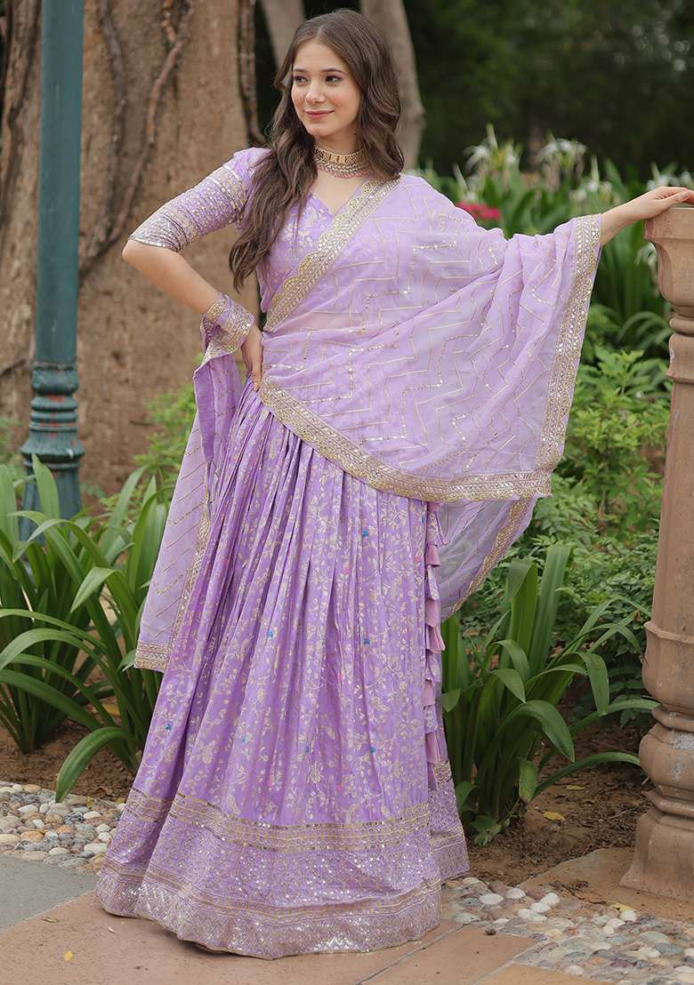 Purple Sequin Embroidered Viscose Lehenga Set - Indya