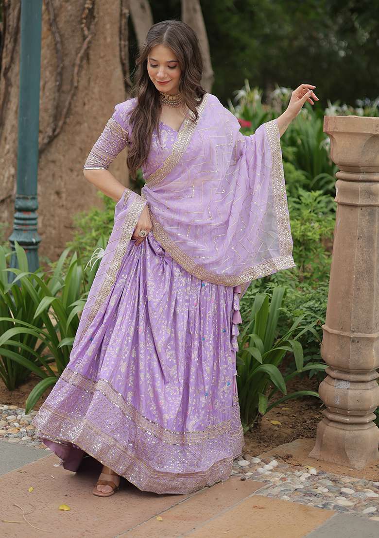 Purple Sequin Embroidered Viscose Lehenga Set - Indya
