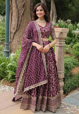 Wine Sequin Embroidered Viscose Lehenga Set