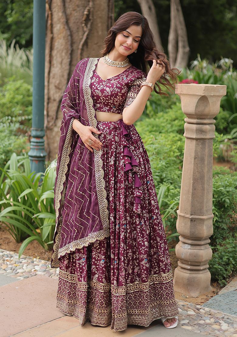 Wine Sequin Embroidered Viscose Lehenga Set